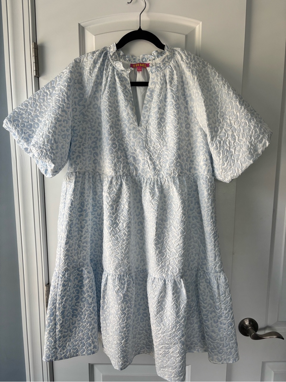 THML White and Blue Leopard Babydoll Dress - Sz L